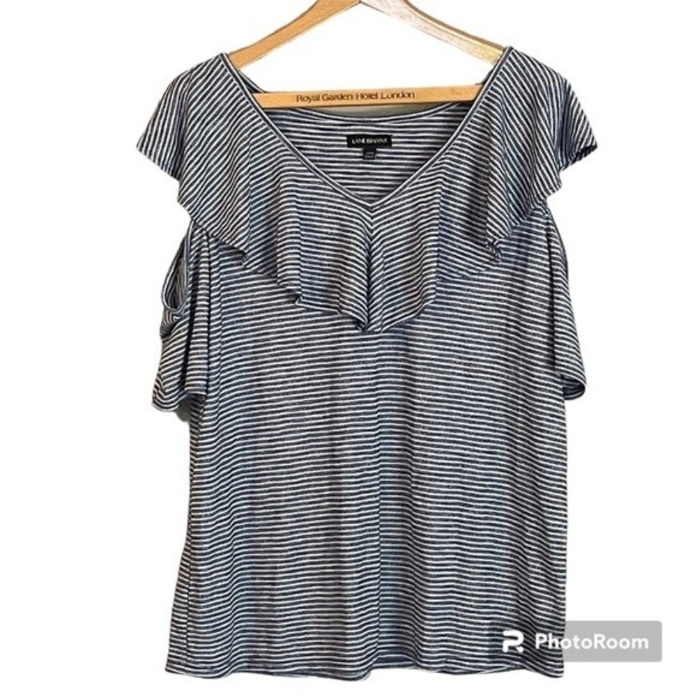 Lane Bryant top with peekaboo shoulders, ruffle neck. Navy & White. Size 14/16